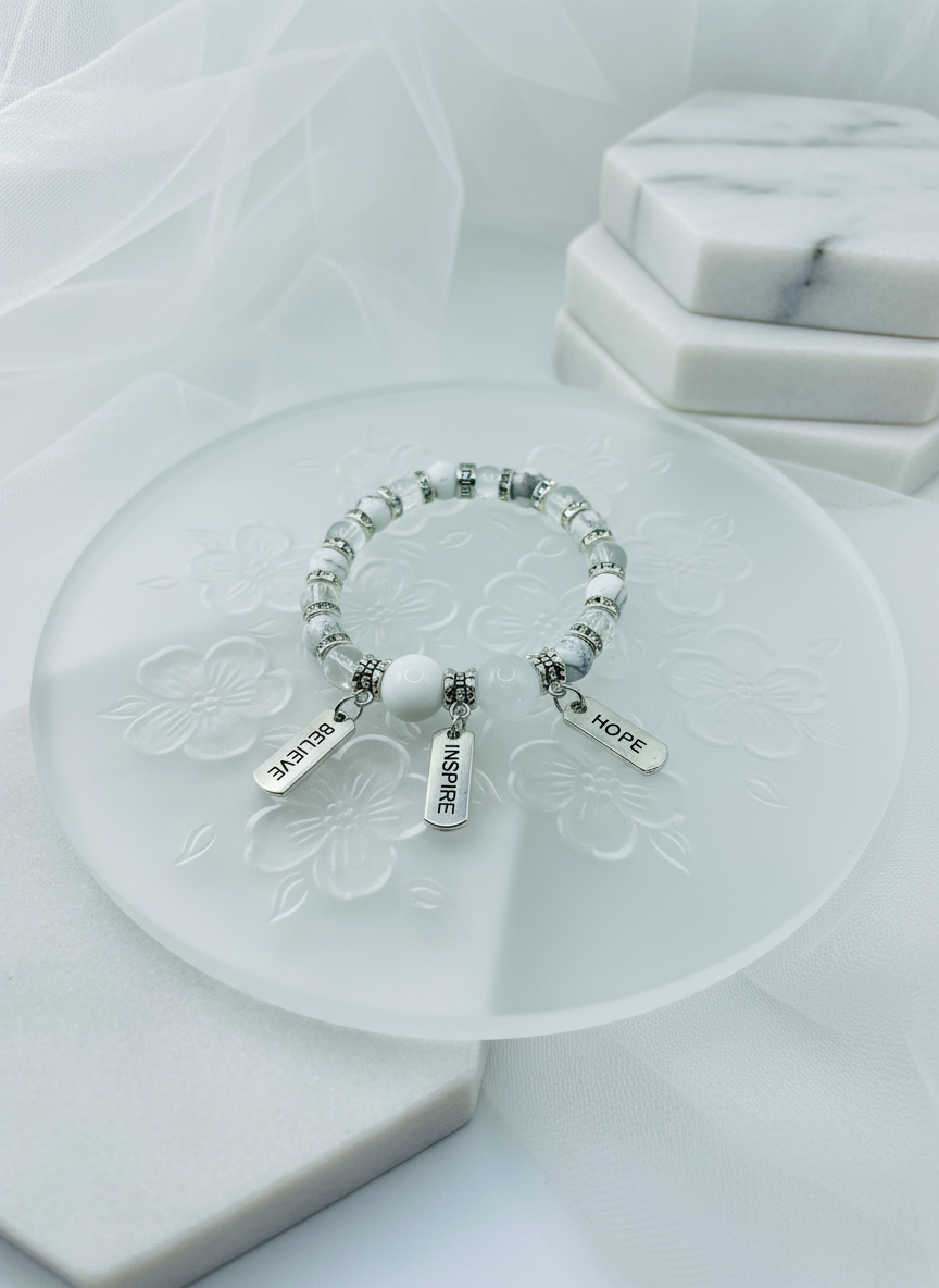 Inspirational Gemstone Stainless Steel Word Charms Bracelet - Enhanced