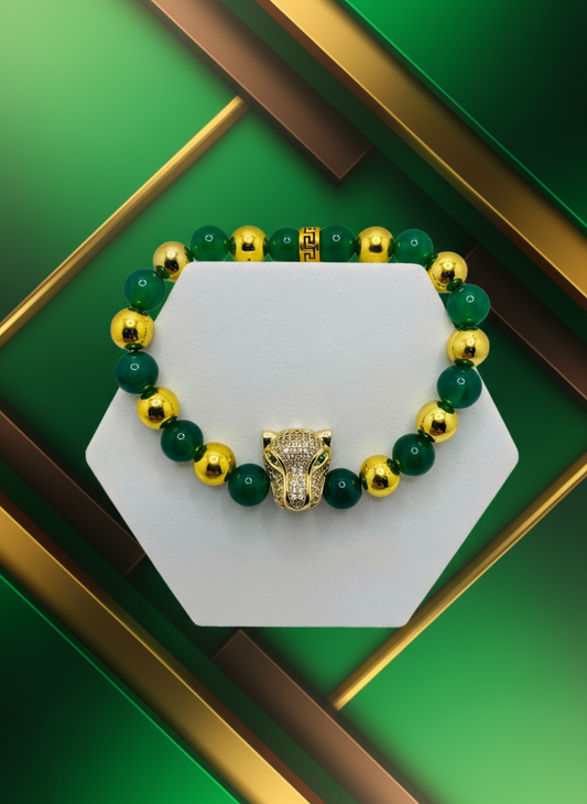 Jade Hematite Gold CZ Panther Bracelet - Enhanced