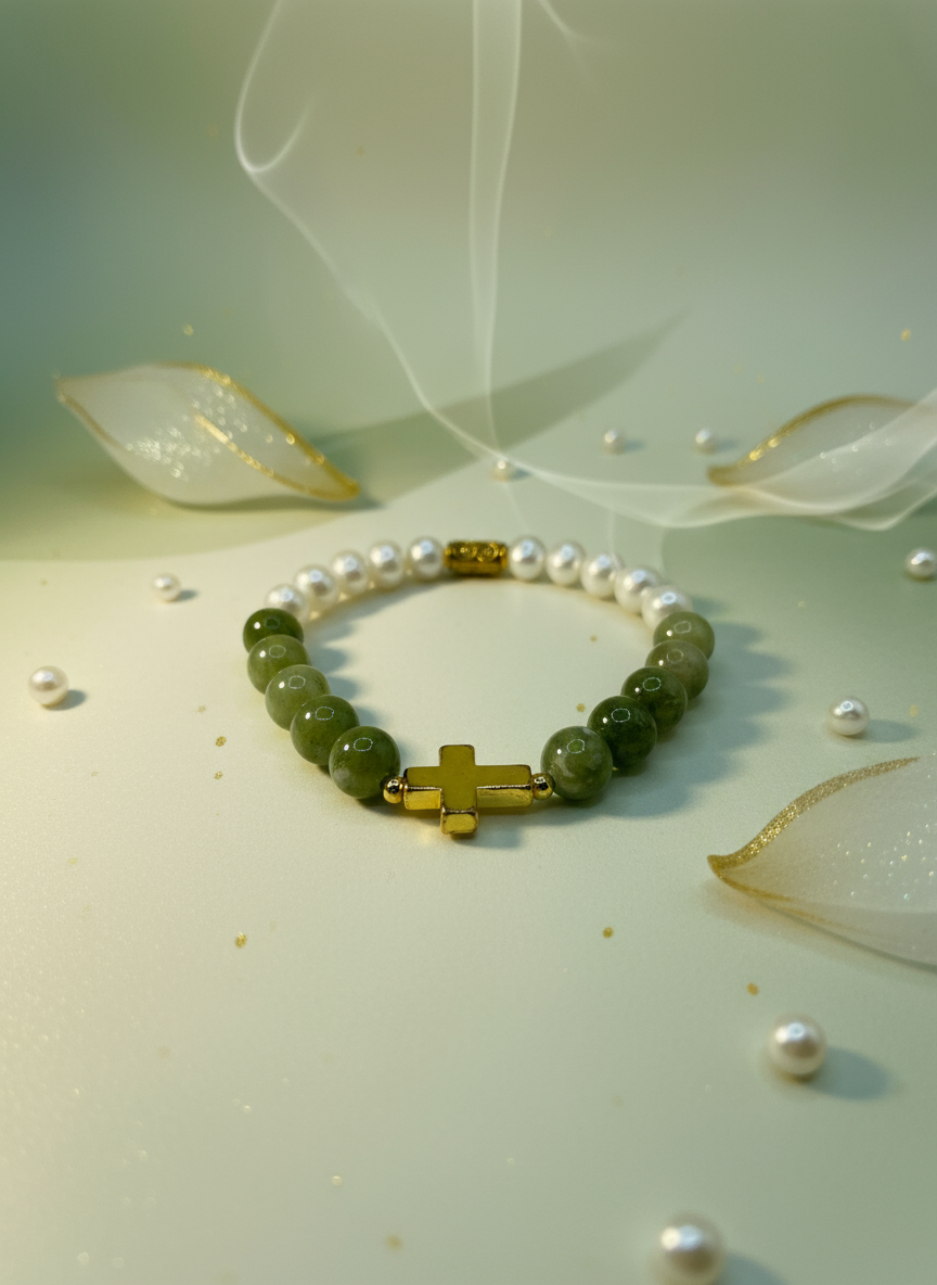 Jade Pearl Gold Cross Bracelet - Enhanced
