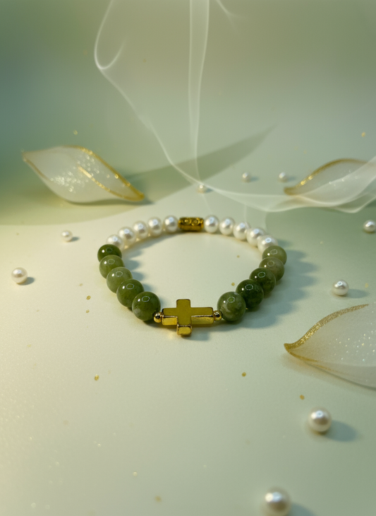 Jade Pearl Gold Cross Bracelet - Enhanced