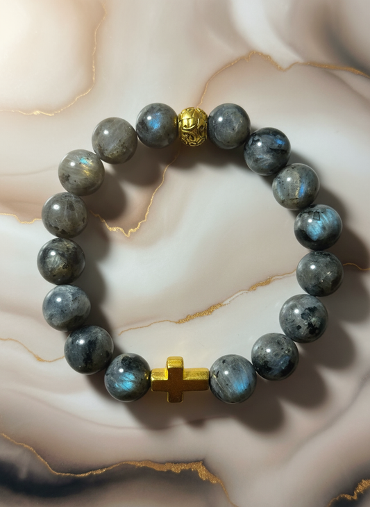 Labradorite Gold Cross Charm Religious Bracelet - Enhanced