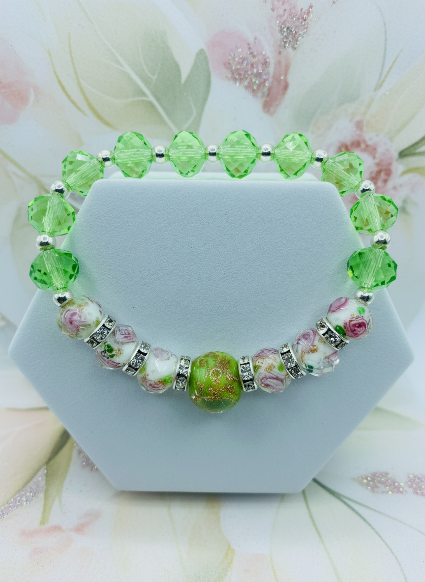 Lampwork Floral Crystal Green Glass Bead Bracelet - Enhanced