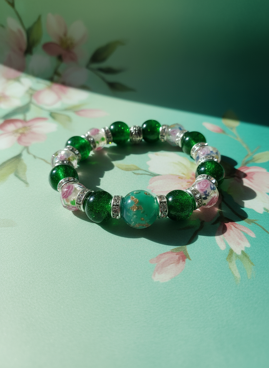 Lampwork Flower Green Crystal Rhinestone Bracelet - Enhanced