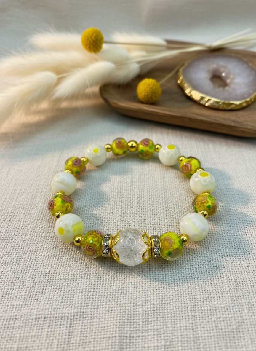 Lampwork Glass Bead Boho Floral Gold Hematite Bracelet - Enhanced