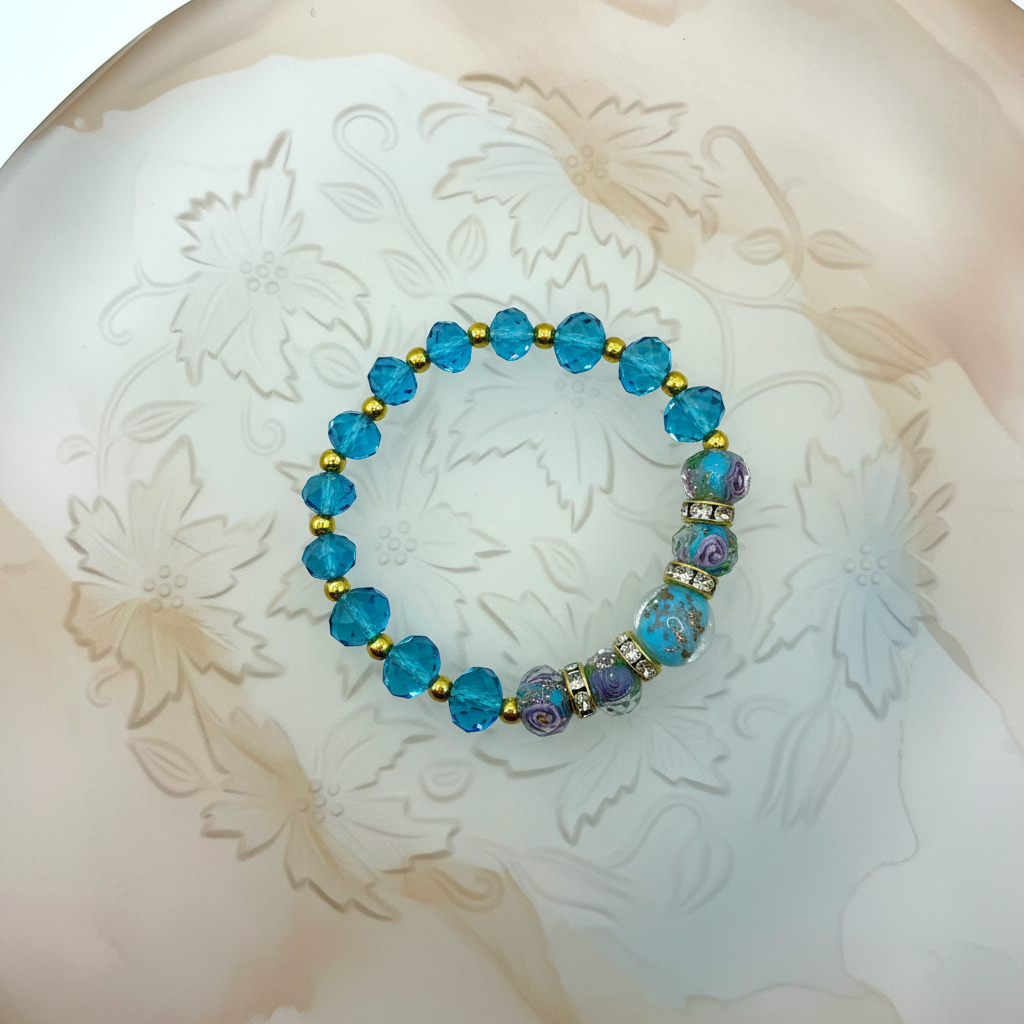 Lampwork Glass Blue Topaz Crystal 18K Gold Hematite Bracelet - Enhanced