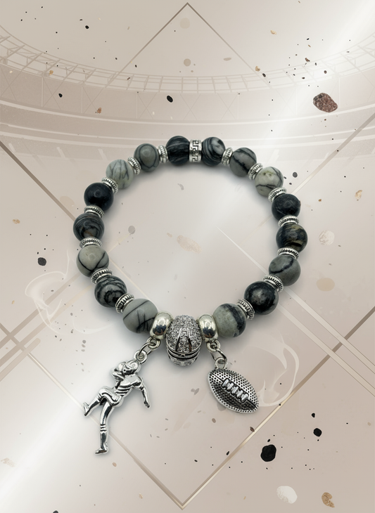 Las Vegas Raiders Jasper Gemstone Football Charm Bracelet - Enhanced