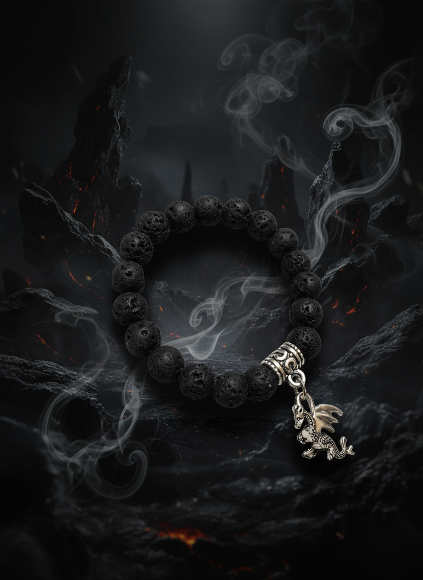 Lava Rock Dragon Silver Charm Bracelet - Enhanced