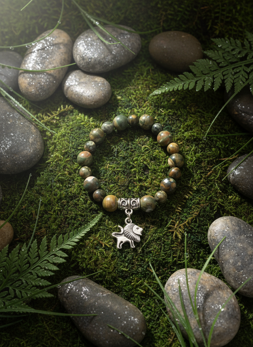 Lion Rhyolite Gemstone Silver Charm Bracelet - Enhanced