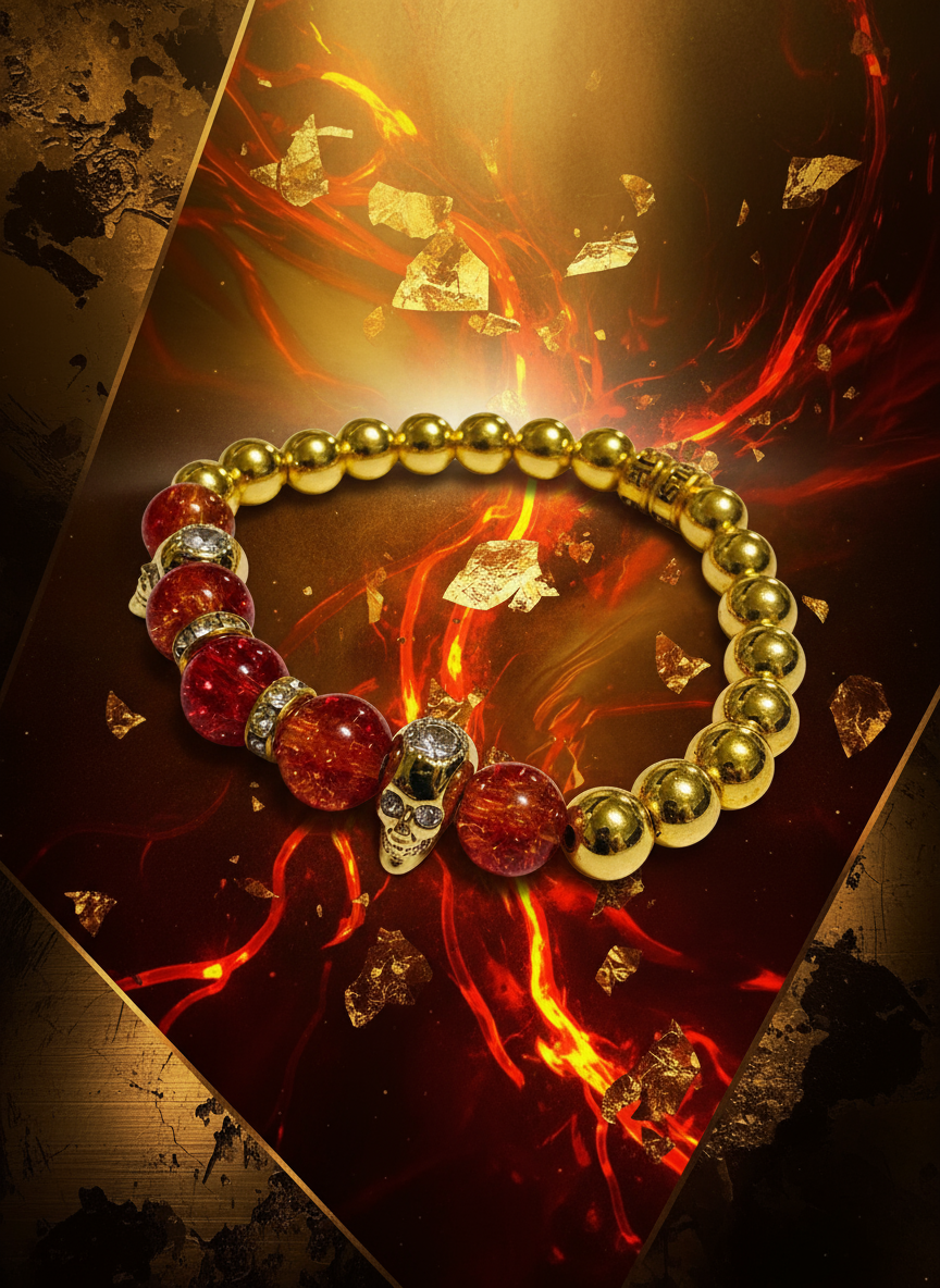 Men's Gold Hematite Red Crystal Skull Bracelet - Enhanced