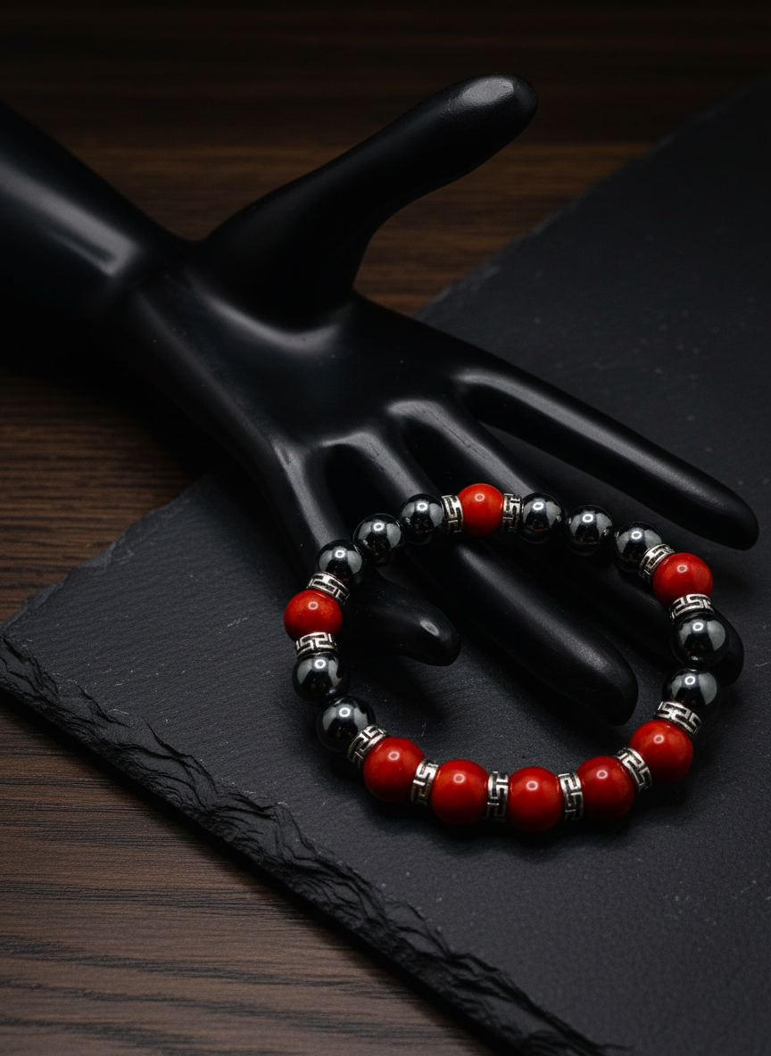 Mens Hematite Red Coral Bracelet - Masculine Version