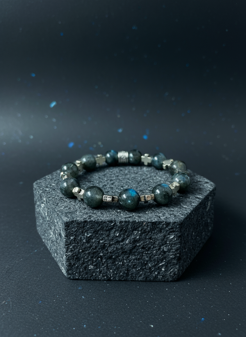 Men's Labradorite Silver Cross Bracelet - Enhanced