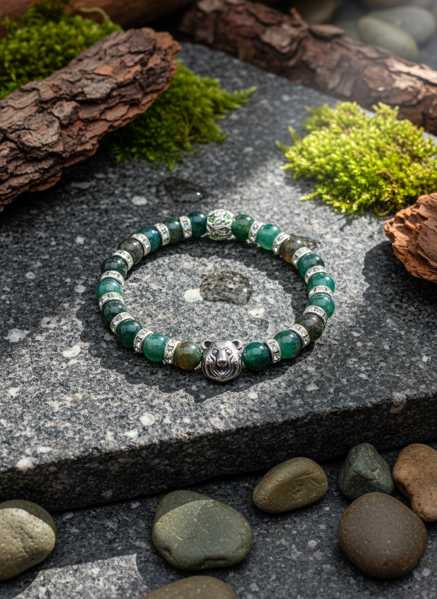 Men's Moss Agate Bear Charm Rhinestone Bracelet - Enhanced