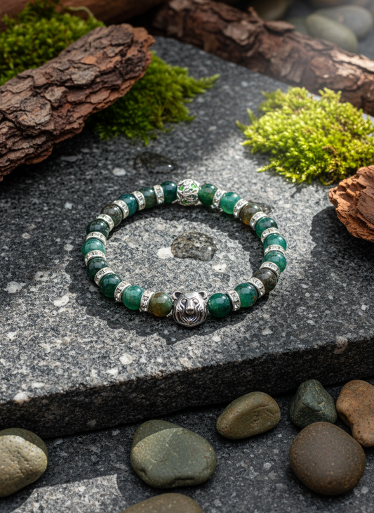 Men's Moss Agate Bear Charm Rhinestone Bracelet - Enhanced