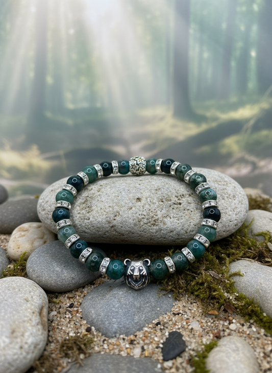 Mens Moss Agate Stainless Steel Bear Charm Bracelet - Enhanced