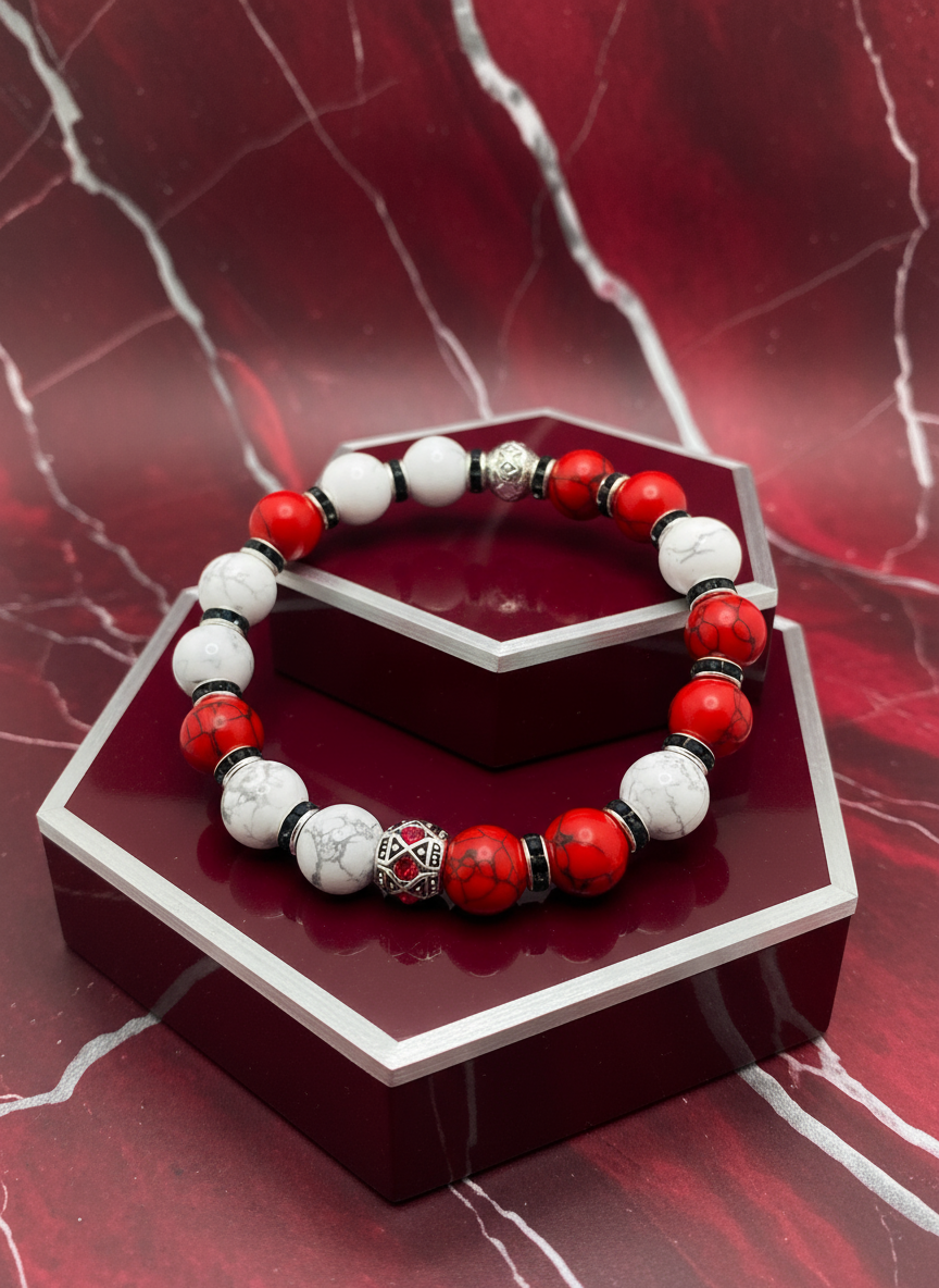 Men's Red Turquoise Howlite Silver Rhinestone Bracelet - Enhanced