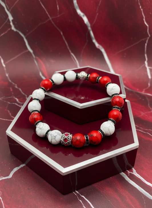 Men's Red Turquoise Howlite Silver Rhinestone Bracelet - Enhanced