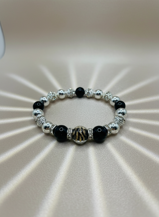 Mens Silver Hematite Onyx Lampwork Bracelet - Version 2