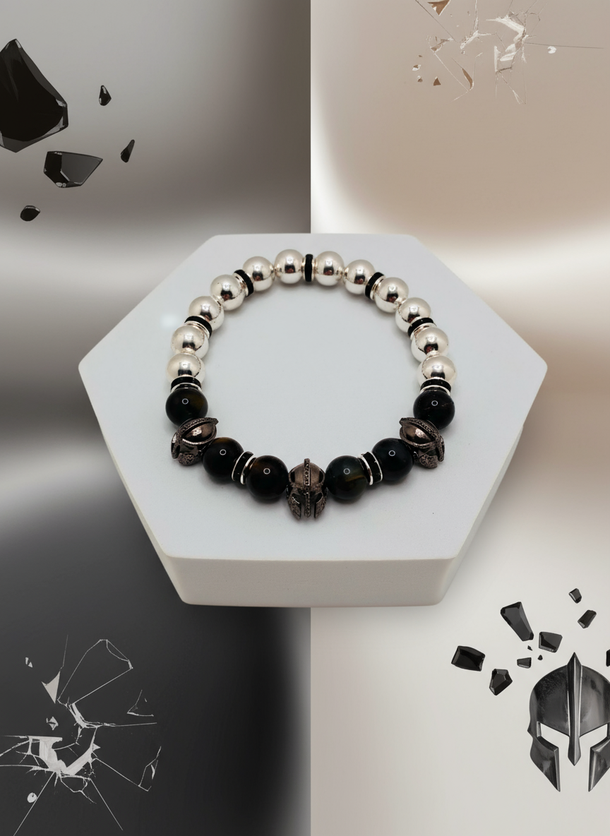 Mens Spartan Helmet Silver Hematite Obsidian Medieval Bracelet - Enhanced