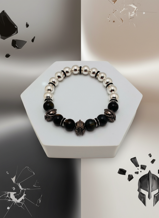 Mens Spartan Helmet Silver Hematite Obsidian Medieval Bracelet - Enhanced