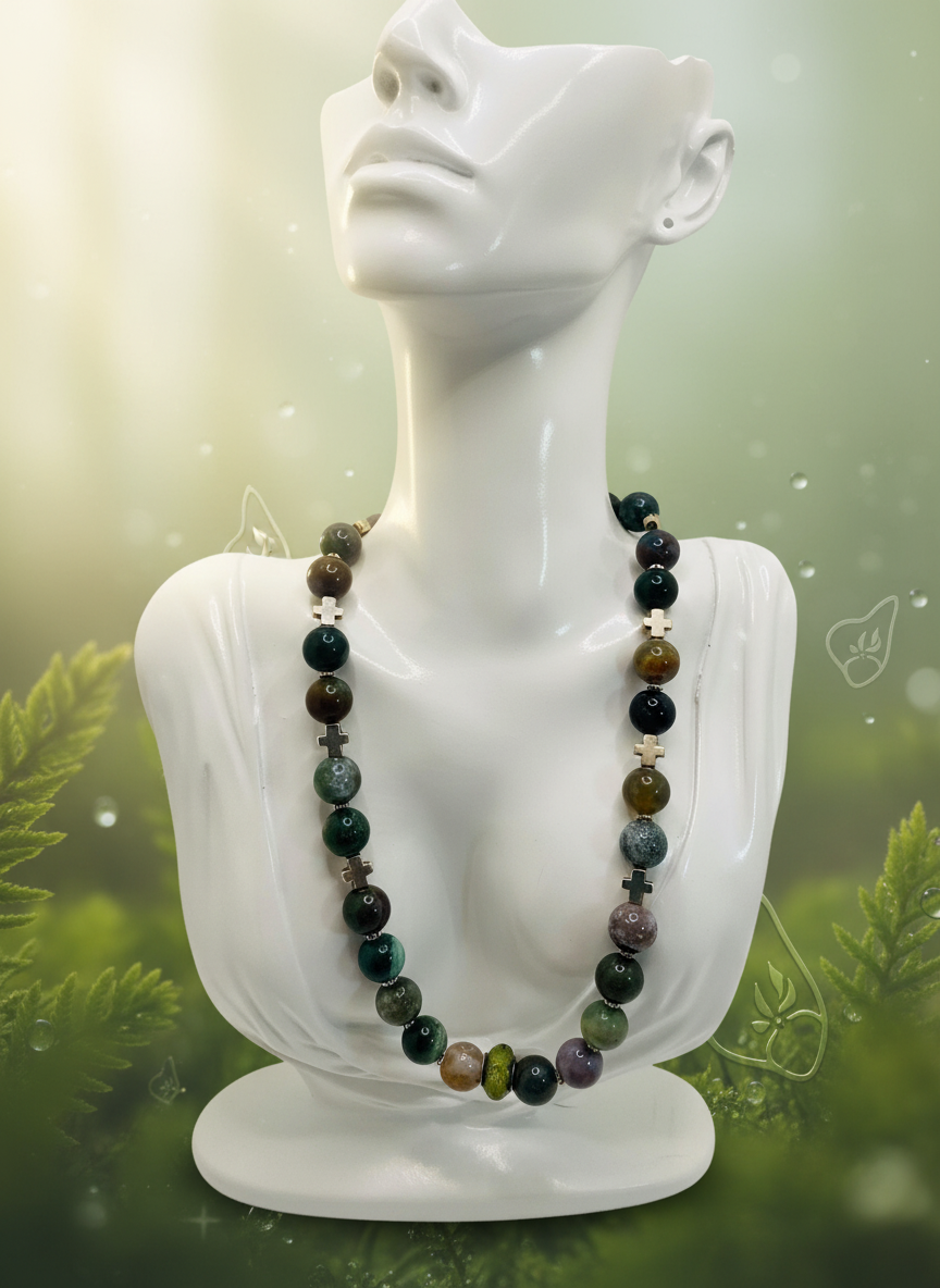 Moss Agate Religious Cross Medallion Antique Silver Necklace - Enhanced