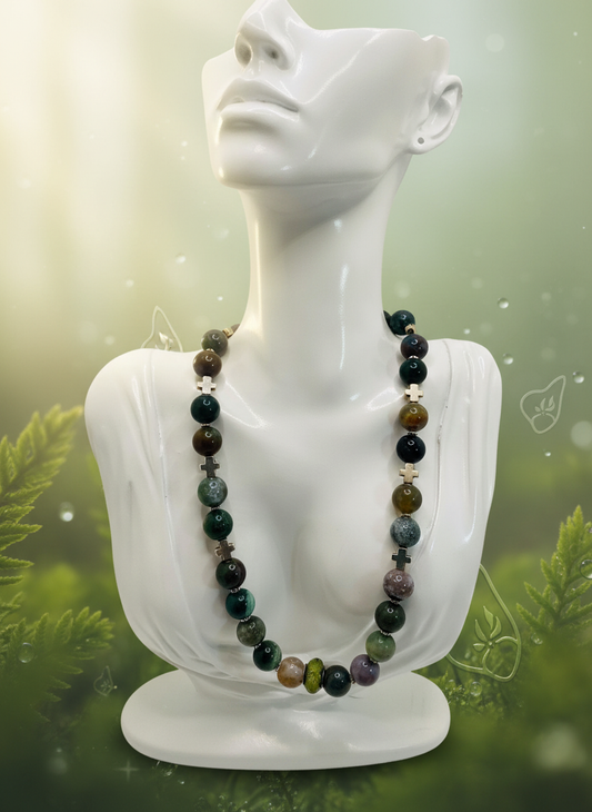 Moss Agate Religious Cross Medallion Antique Silver Necklace - Enhanced