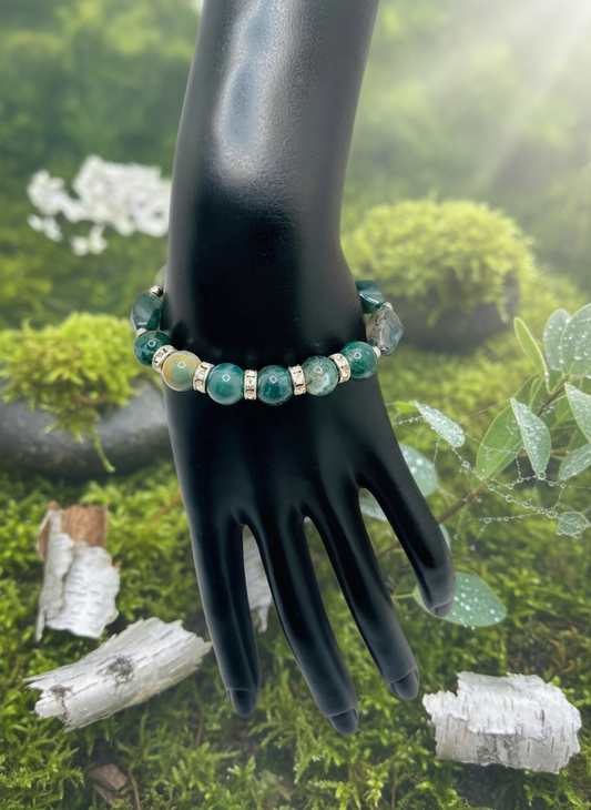 Moss Agate Rhinestone Bracelet - Enhanced