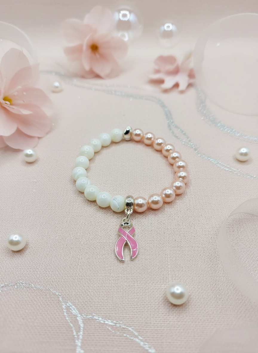 Mother of Pearl Breast Cancer Awareness Bracelet - Enhanced