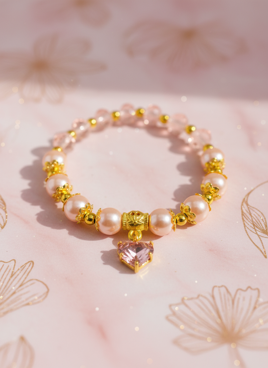 Mother of Pearl Pink Crystal Heart 18K Gold Bracelet - Enhanced