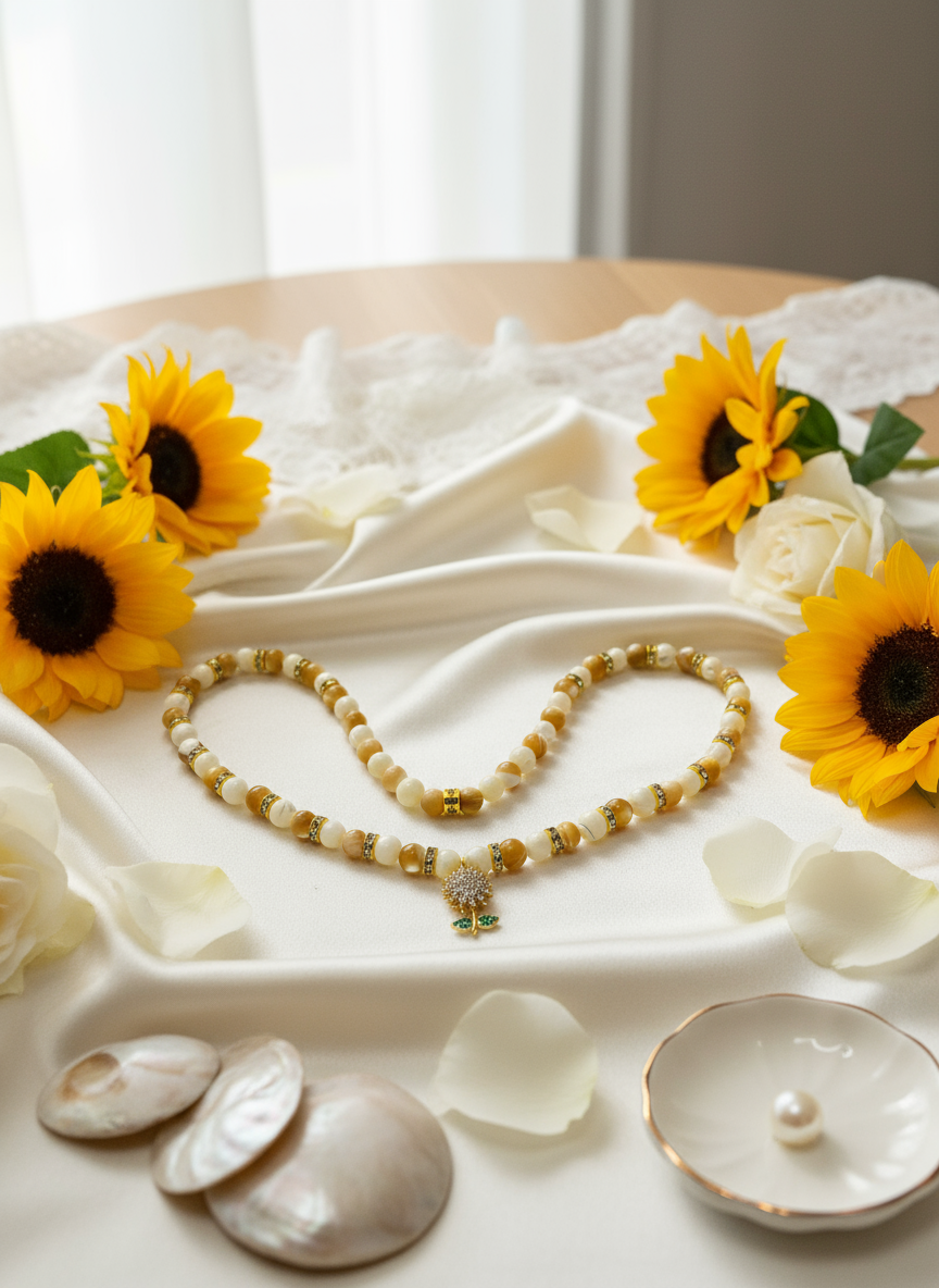 Mother of Pearl Sunflower Necklace Enhanced