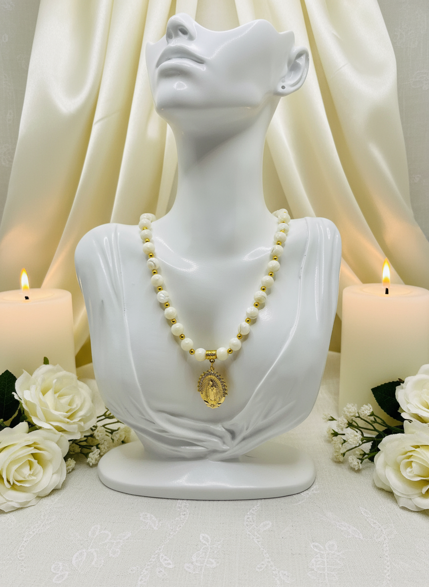 Mother of Pearl Virgin Mary Necklace Enhanced