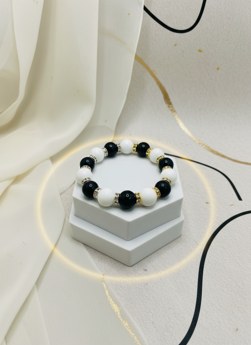 Onyx Gemstone Black White Beaded Bracelet - Enhanced
