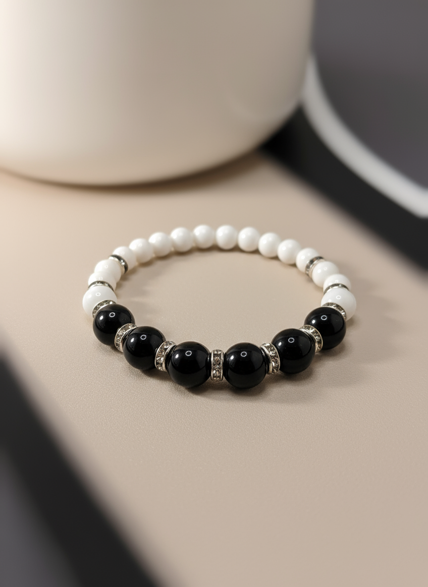 Onyx Gemstone Black White Rhinestone Bracelet - Enhanced