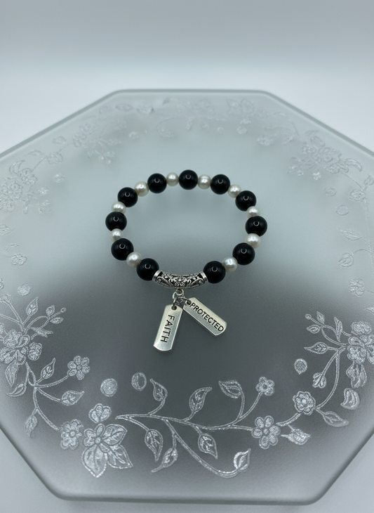 Onyx Pearl Inspirational Word Charm Bracelet - Enhanced