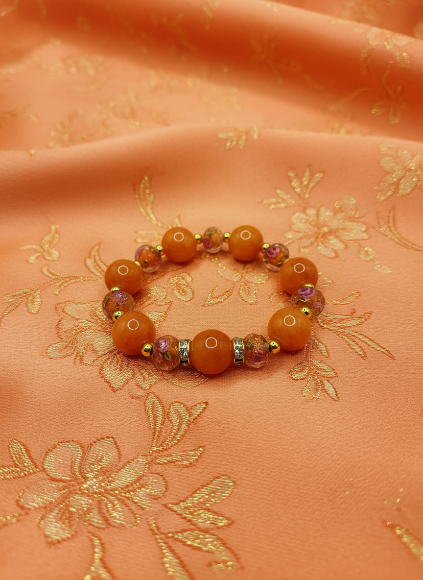 Orange Jade Floral Lampwork Bracelet - Enhanced
