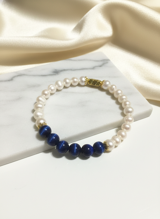 Pearl Blue Tigers Eye Gold Bracelet Enhanced