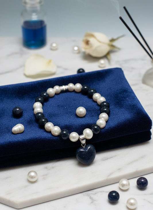 Pearl Bracelet with Blue Sandstone Heart Pendant Background