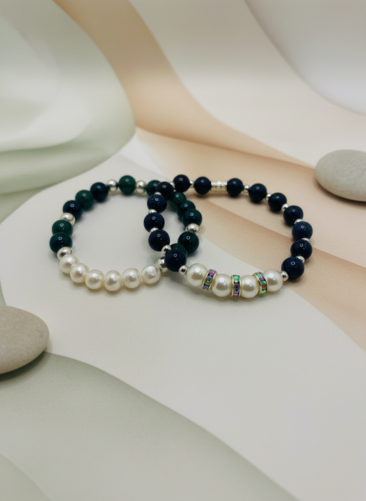 Pearl Moss Agate Blue Sandstone Bracelet Set - Enhanced