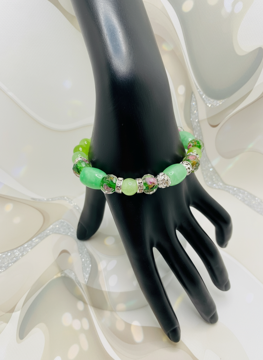 Peridot Green Lampwork Glass Silver Rhinestone Bracelet - Enhanced