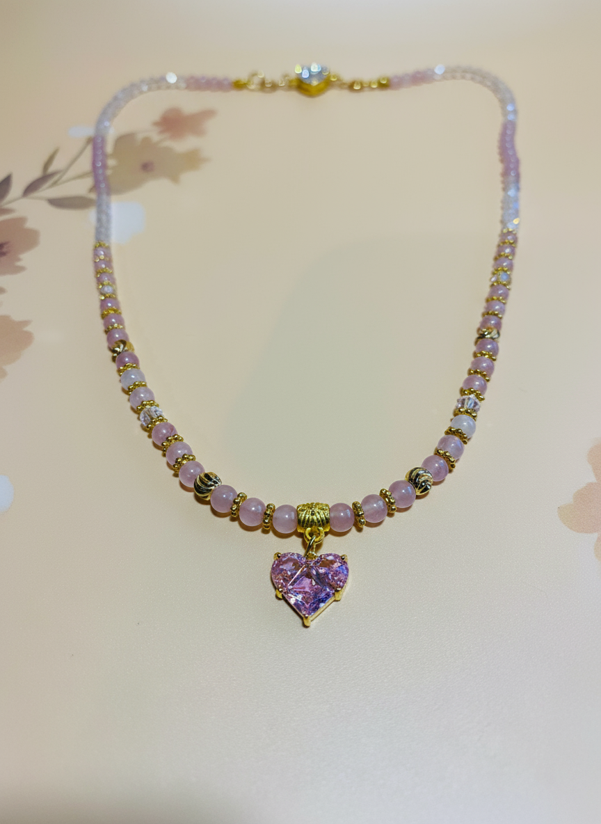 Pink Crystal Heart Pendant Rose Quartz Glass Beads Necklace - Enhanced