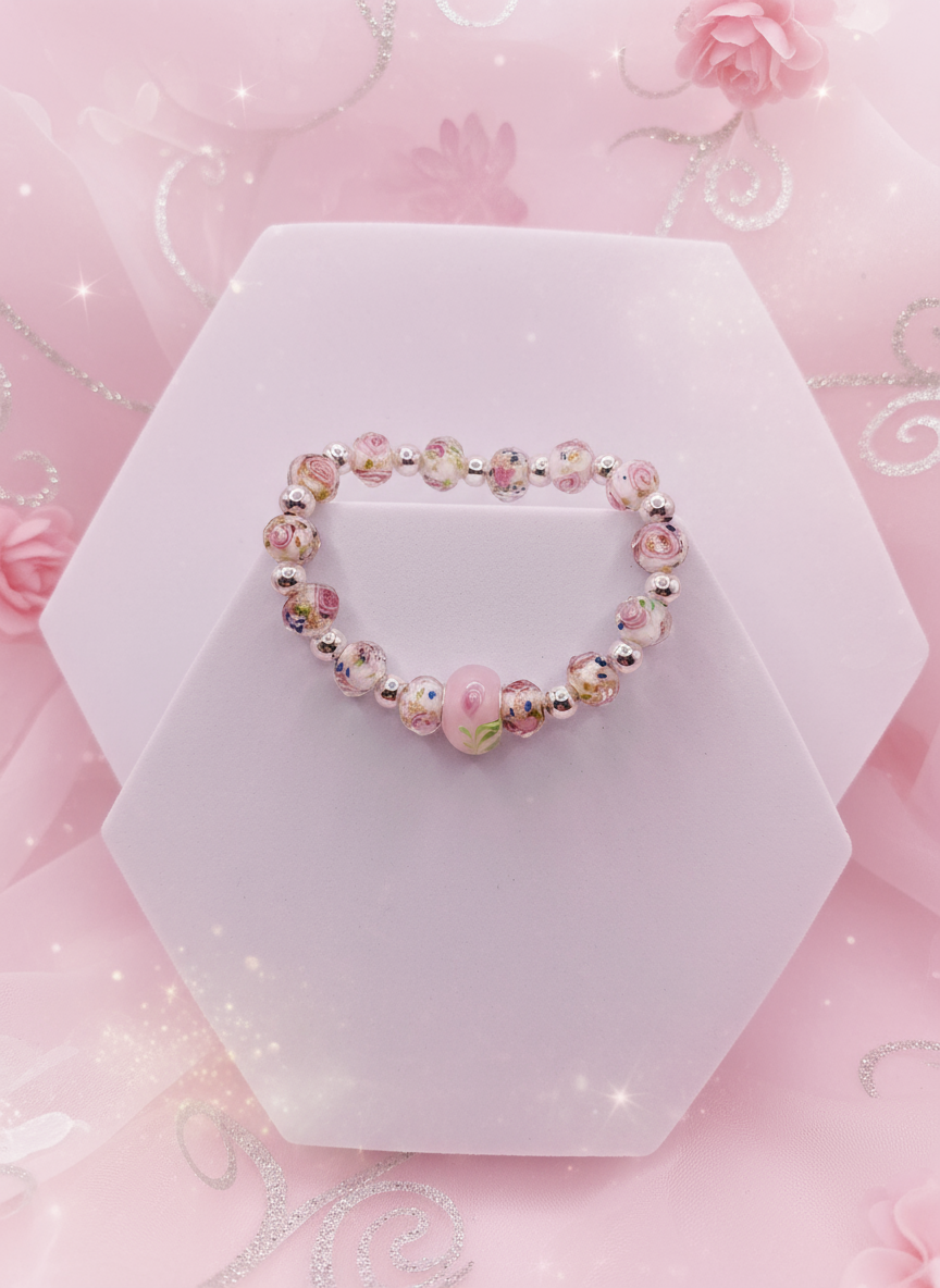 Pink Floral Lampwork Silver Hematite Bracelet - Enhanced