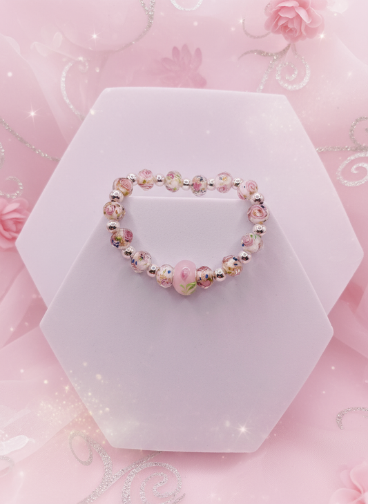 Pink Floral Lampwork Silver Hematite Bracelet - Enhanced