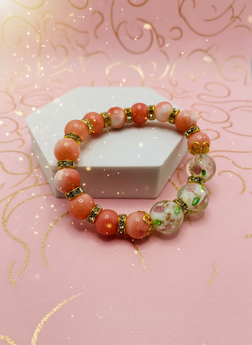 Pink Jade Lampwork Gold Bracelet - Enhanced