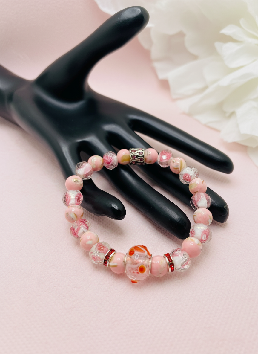 Pink Lampwork Glass Bead Bracelet Enhanced