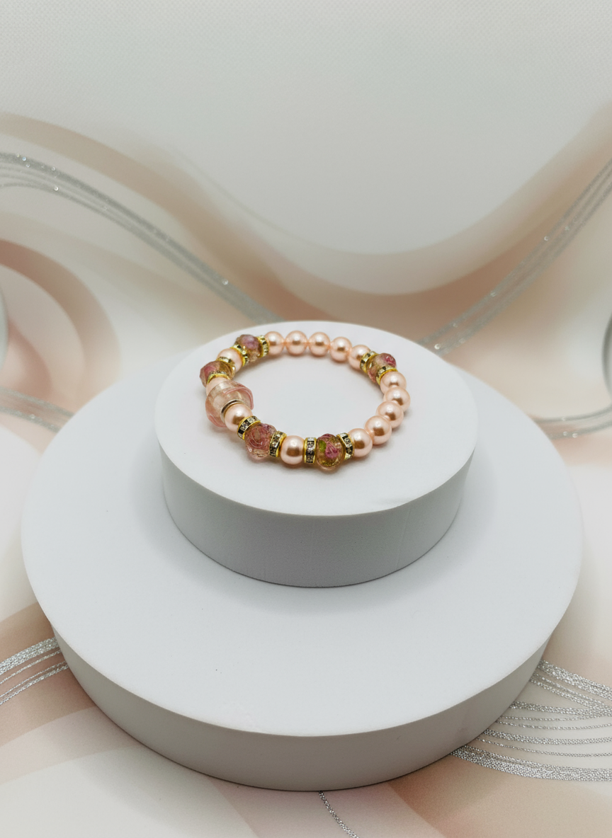 Pink Lampwork Glass Mother of Pearl Rhinestone Bracelet - Enhanced