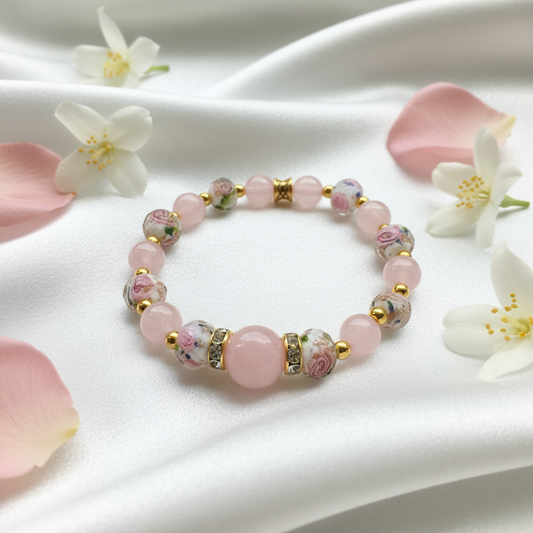 Pink rose quartz bracelet in elegant setting
