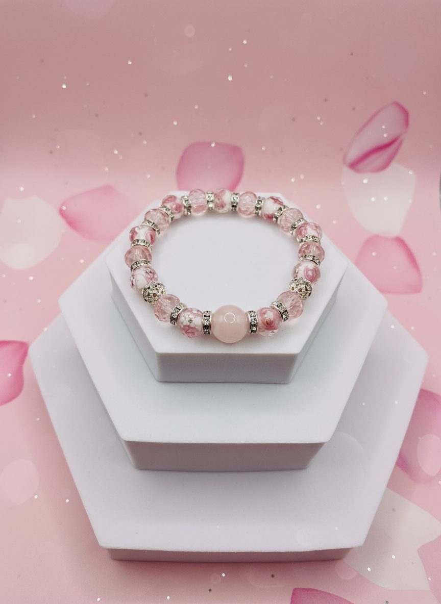 Pink Rose Quartz Lampwork Flower Bracelet - Enhanced