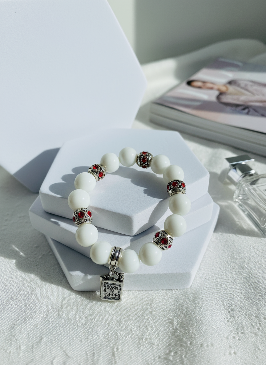 Porcelain Red Rhinestone Handbag Charm Bracelet Enhanced