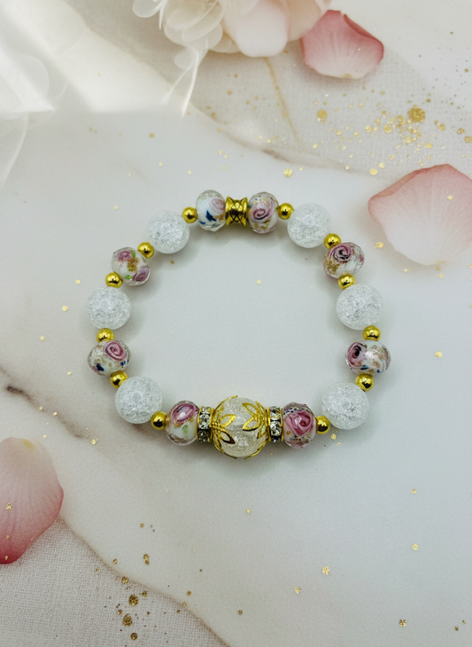 Quartz Crystal Lampwork Floral Glass 18K Gold Hematite Bracelet - Enhanced