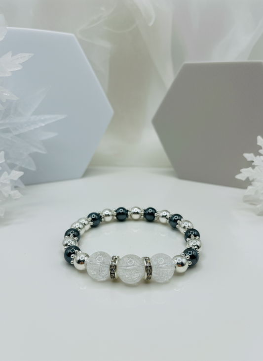 Quartz Crystal Silver Black Hematite Snowflake Bracelet - Enhanced