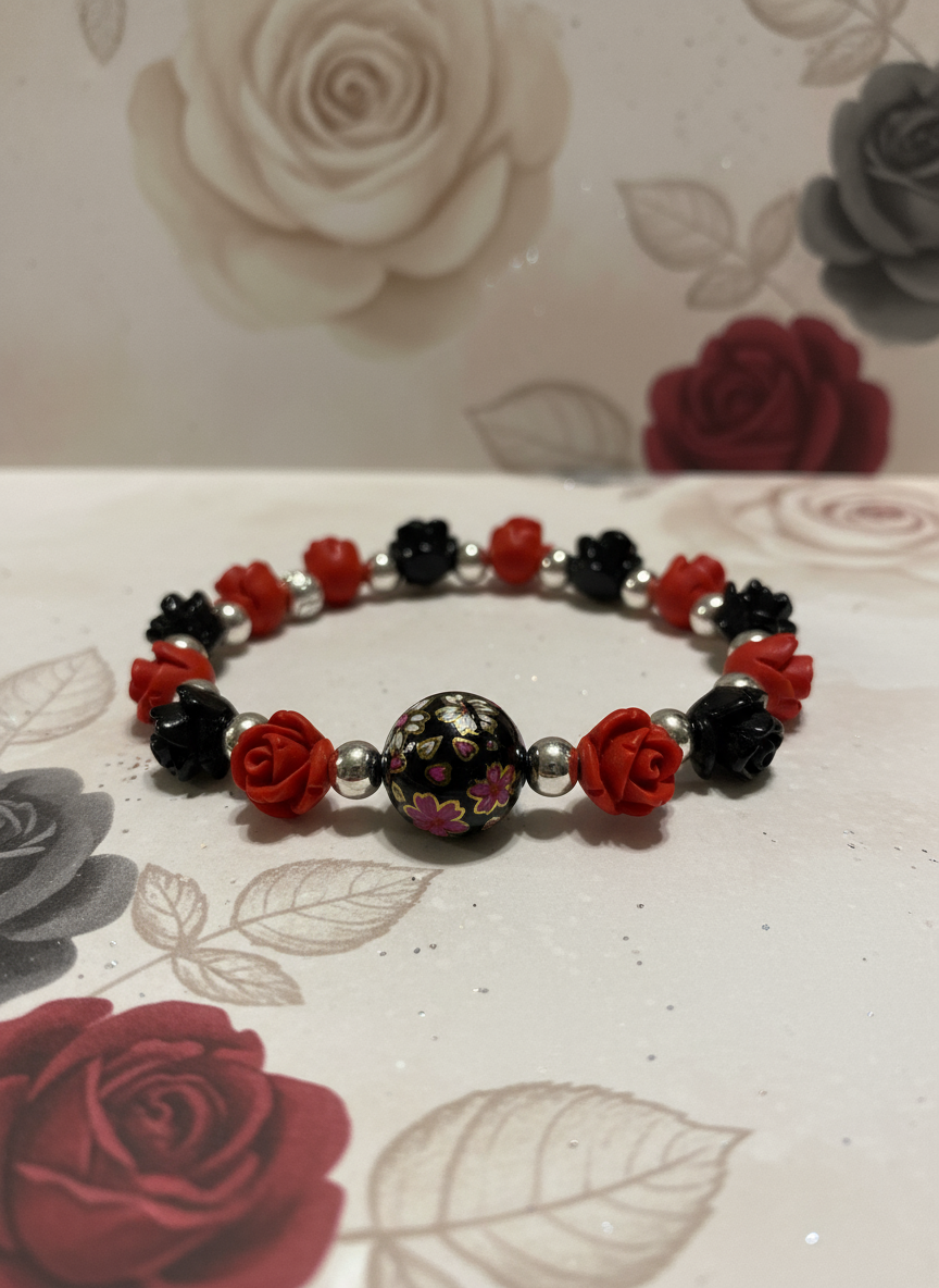 Red Black Rose Floral Hematite Bracelet - Enhanced